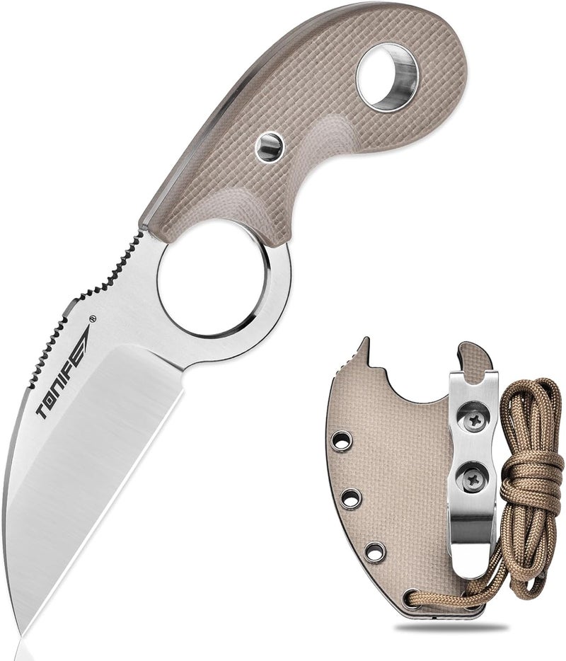 TONIFE Small Fixed Blade Knife Full Tang EDC Camping with Sheath Lanyard and Clip, Blade Length 2.17",2.5 oz.with Sheath (Warm Sand - Satin) - Image 1